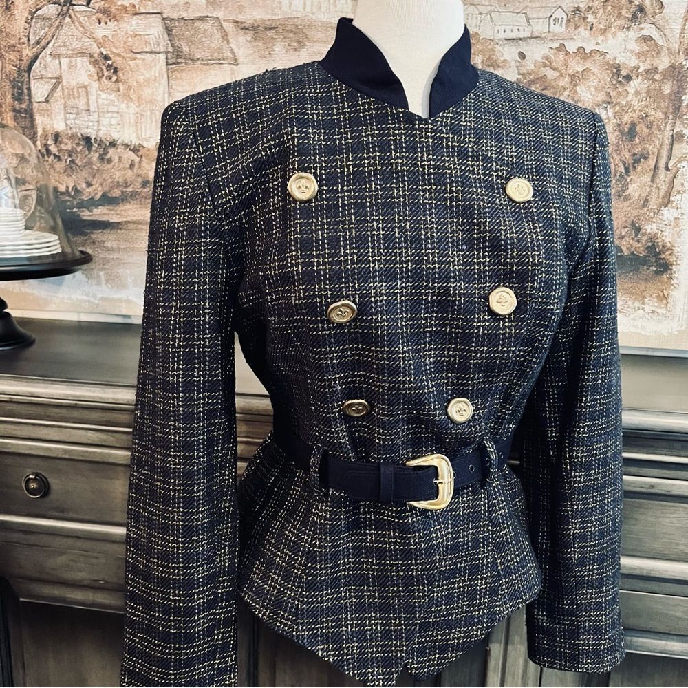 Vintage Woward Wolf Navy & Gold Metallic Tweed Blazer size 8